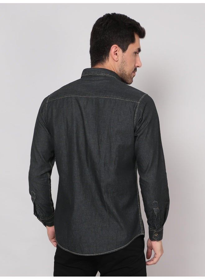 Beyoung Long Sleeve Black Denim Shirt for Men  - Image 4
