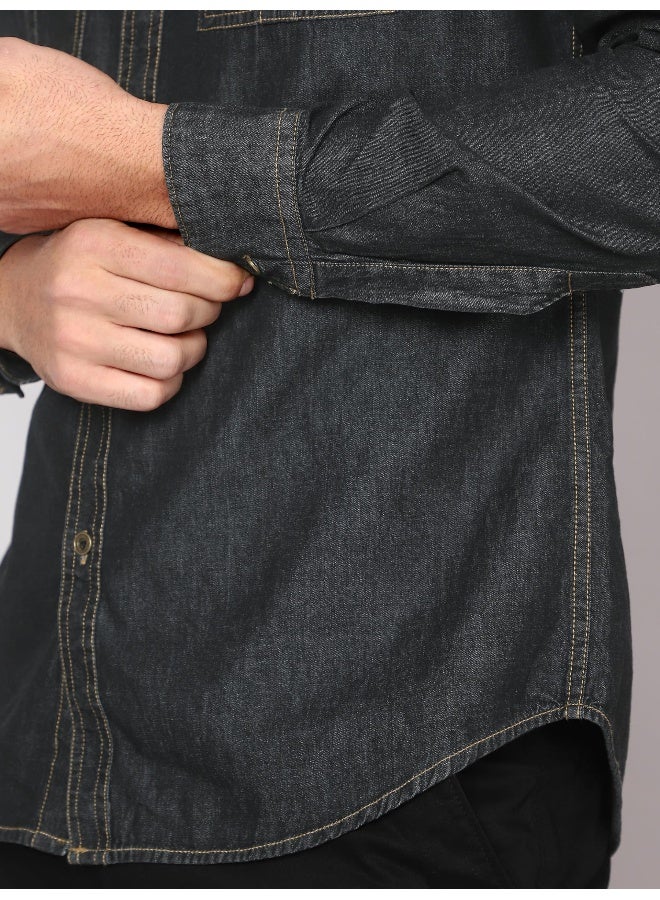 Beyoung Long Sleeve Black Denim Shirt for Men  - Image 3