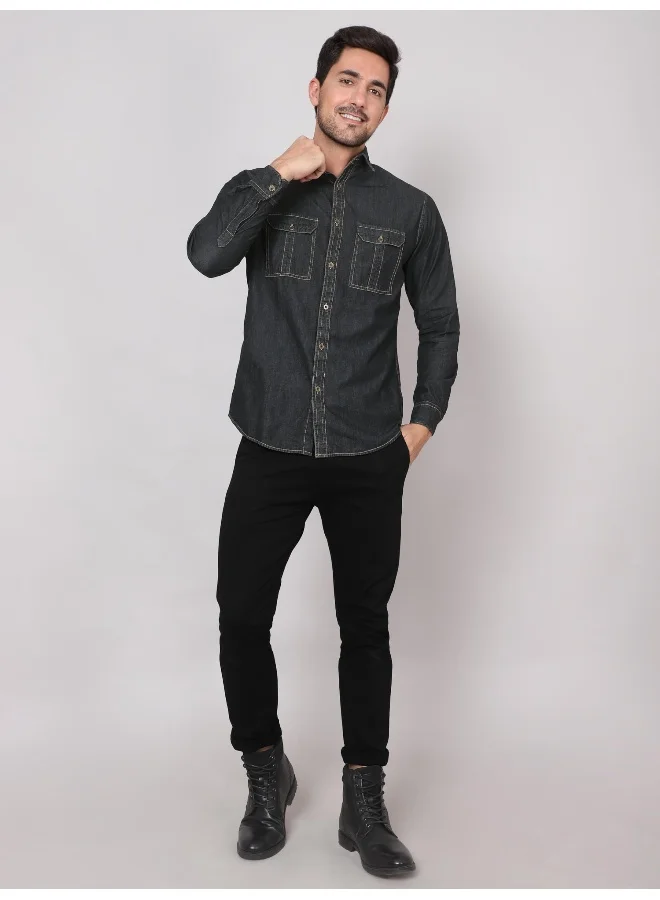 Beyoung Long Sleeve Black Denim Shirt for Men
