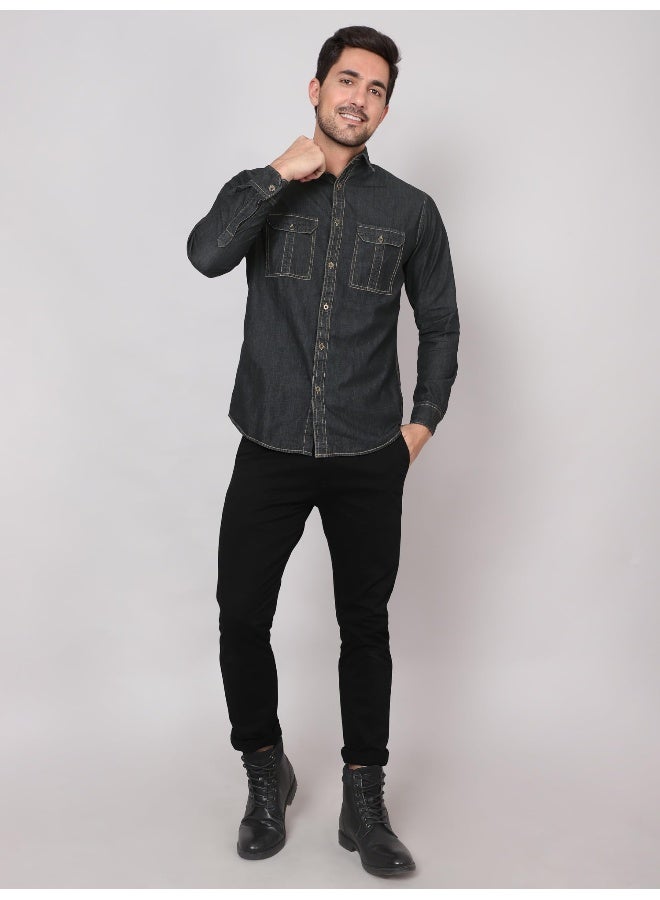 Beyoung Long Sleeve Black Denim Shirt for Men  - Image 5