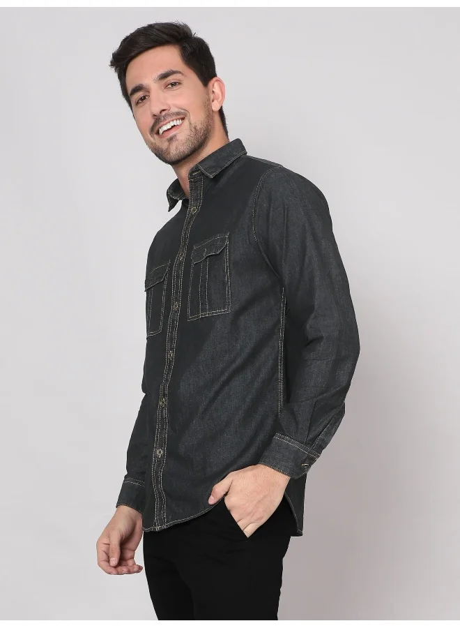 Beyoung Long Sleeve Black Denim Shirt for Men
