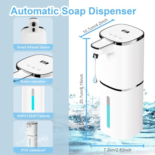 OHIFAST Automatic Liquid Soap Dispenser Touchless, USB Rechargeable Smart Hand Soap Dispenser, 9-Level Adjustable, Physical Button Operation, 13.5oz/400mL Wall Mounted for Bathroom Kitchen Dish Soap - Image 2