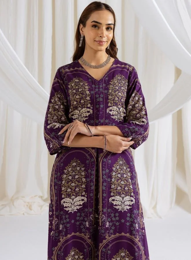 ISHIN Women'S Purple Rayon Embroidered Tunic Full Length Palazzo Straight Fit Kurta Set