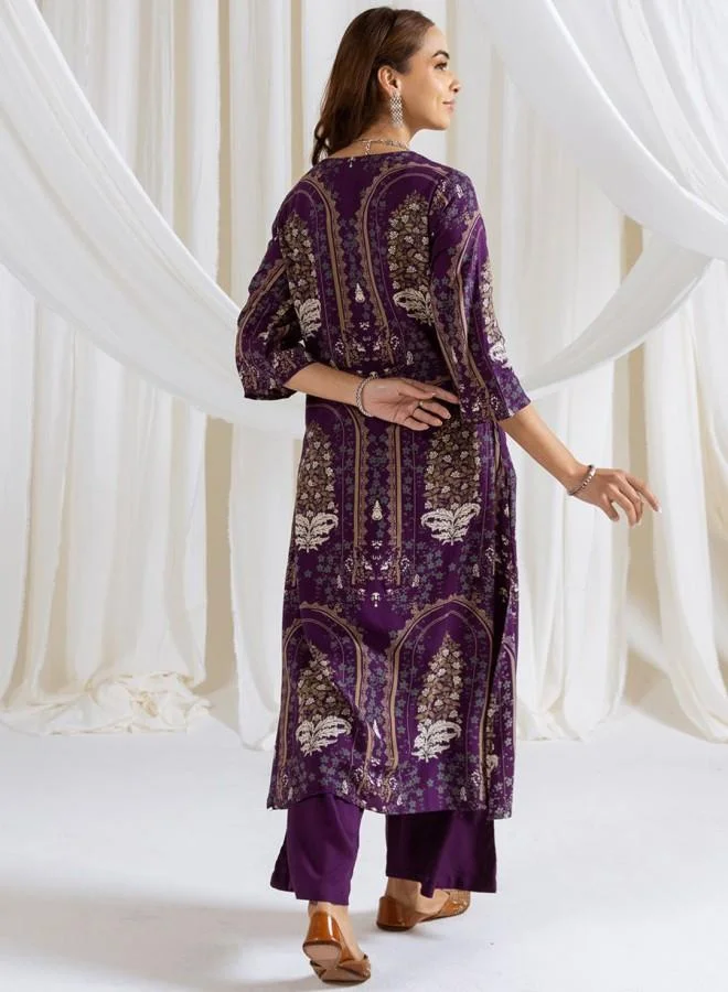 ISHIN Women'S Purple Rayon Embroidered Tunic Full Length Palazzo Straight Fit Kurta Set
