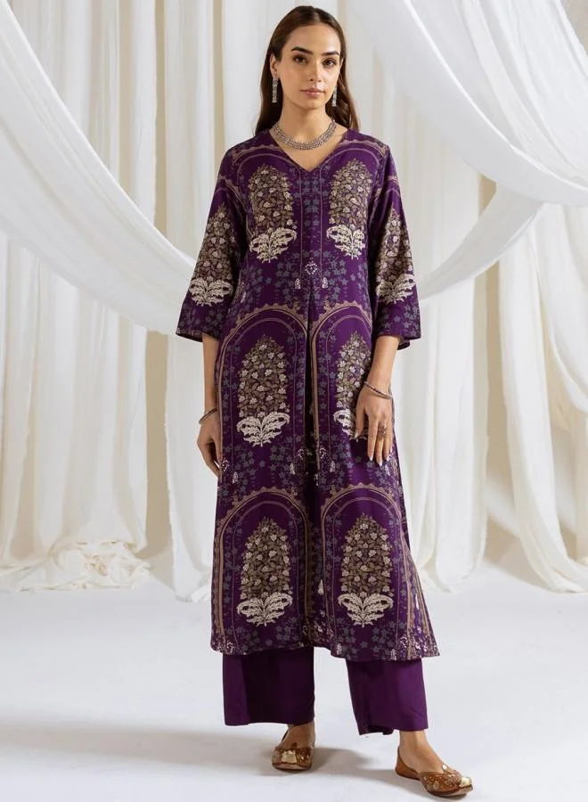ISHIN Women'S Purple Rayon Embroidered Tunic Full Length Palazzo Straight Fit Kurta Set
