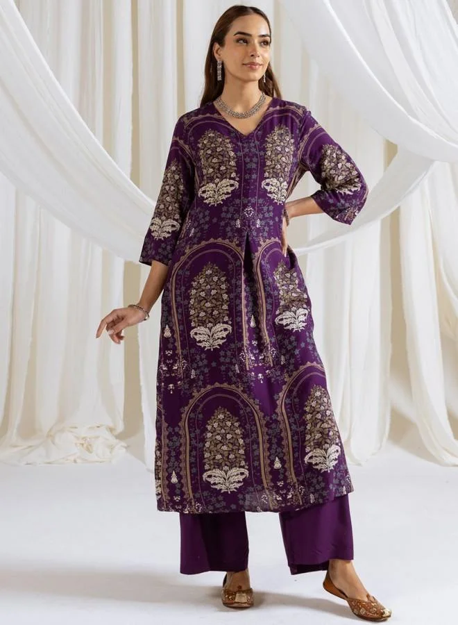 ISHIN Women'S Purple Rayon Embroidered Tunic Full Length Palazzo Straight Fit Kurta Set