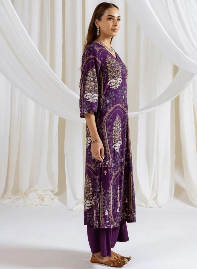ISHIN Women'S Purple Rayon Embroidered Tunic Full Length Palazzo Straight Fit Kurta Set