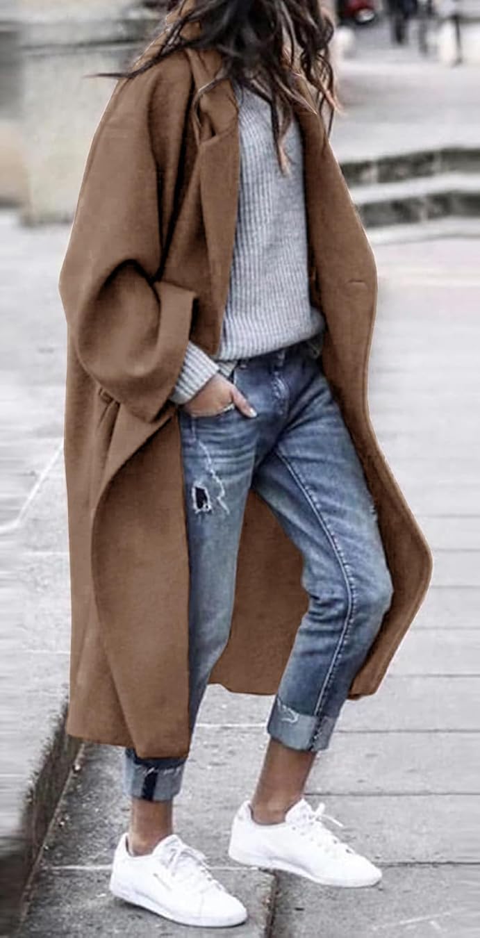 LNKQA Women's Winter Pea Coat Notch Lapel Single Breasted Oversized Long Casual Wool Blend Overcoat (Camel,XX-Large) - Image 1