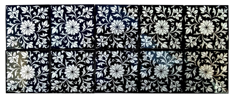 Shiv Kripa Blue Pottery Shiv Kripa Blue Pottery Home Decor Tile Ceramic High Lighter Wall Bathroom Tiles 4 x 4 Inch Set of 10 Tiles Black White 