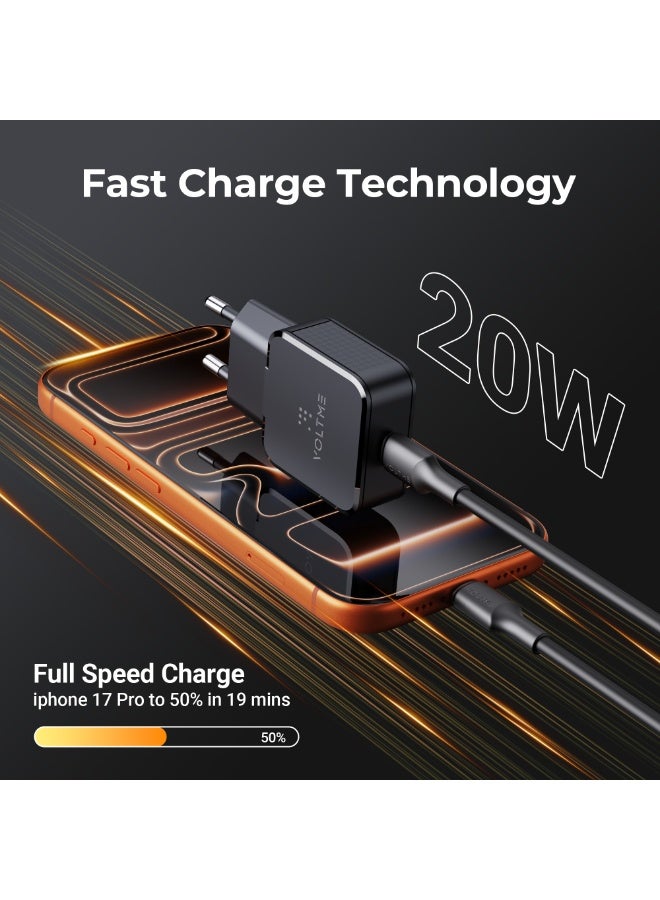 VOLTME Revo 20W Lite Ultrathin Black, Portable USB-C Wall Charger Dual Port Fast Charge AC PD3.0 PPS Adapter Compatible with iPhone 14/13/Pro/Pro Max/12/11, Galaxy Note, Xiaomi/Huawei/Pixel - Image 3