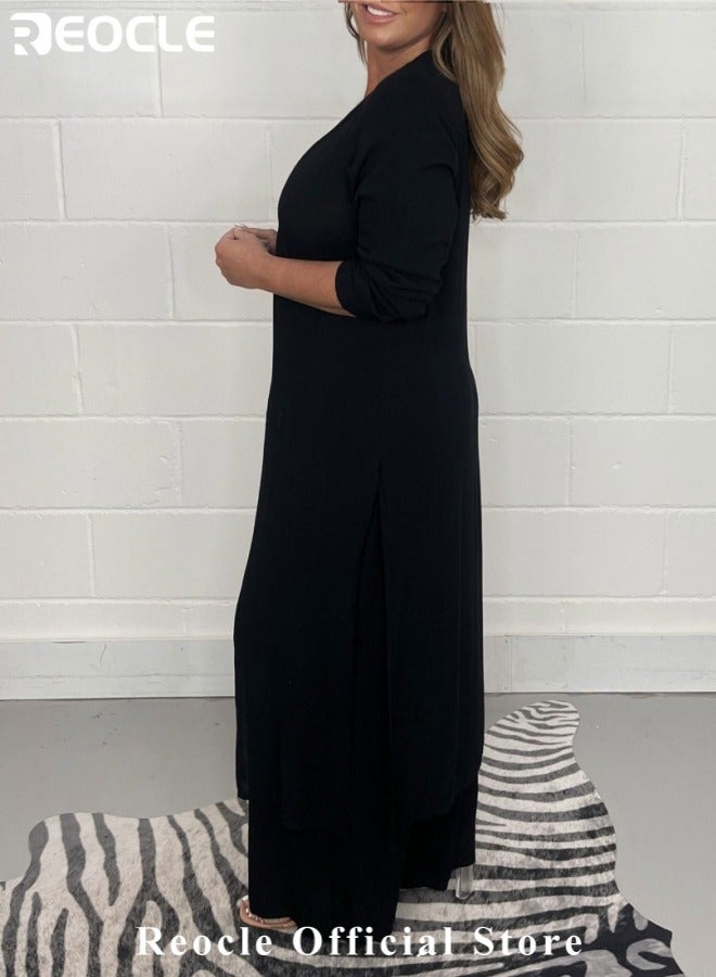ريوكل 2 قطعة أزياء نسائية صيفية نسائية بقميص نسائي طويل منقسم من الأعلى بقصّة طويلة واسعة الساقين بأكمام طويلة برقبة على شكل V، بلوزات فضفاضة كاجوال بدلة كاجوال عصرية للارتداء اليومي - Image 2