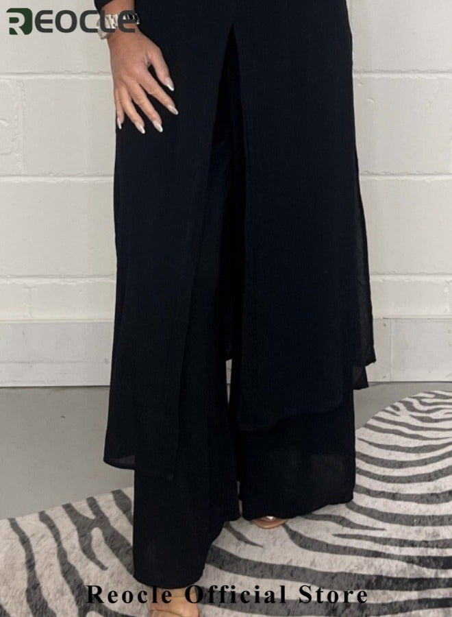 ريوكل 2 قطعة أزياء نسائية صيفية نسائية بقميص نسائي طويل منقسم من الأعلى بقصّة طويلة واسعة الساقين بأكمام طويلة برقبة على شكل V، بلوزات فضفاضة كاجوال بدلة كاجوال عصرية للارتداء اليومي - Image 4