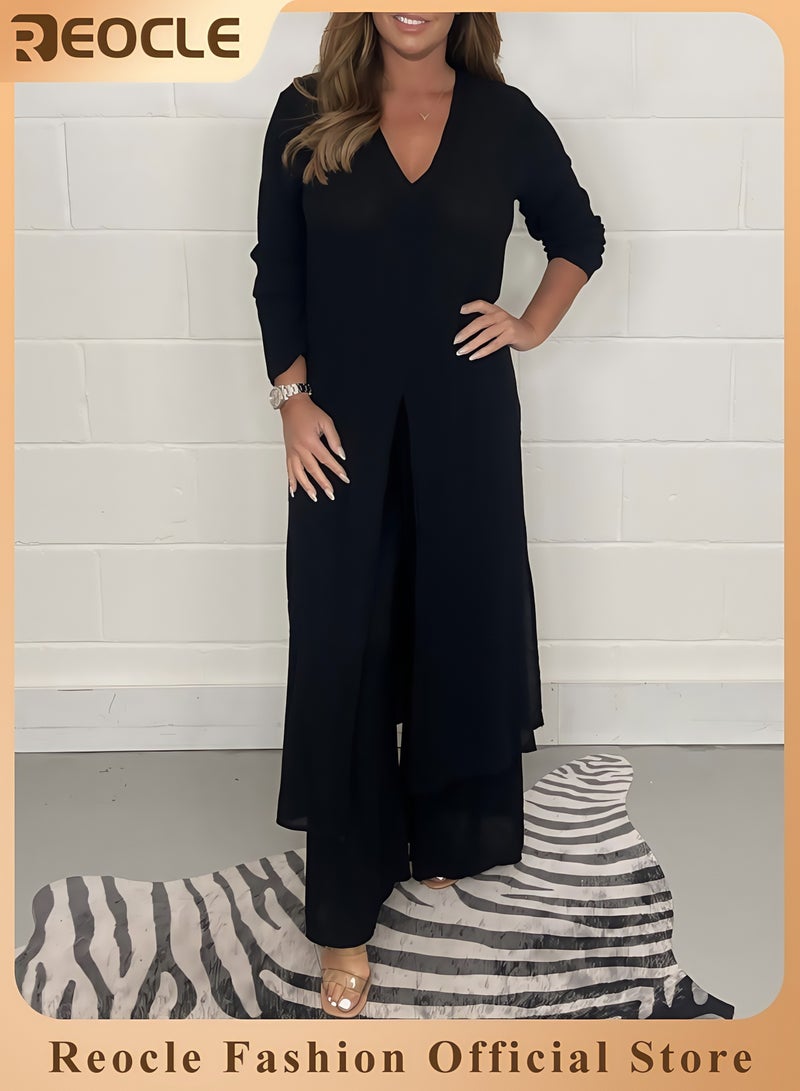 ريوكل 2 قطعة أزياء نسائية صيفية نسائية بقميص نسائي طويل منقسم من الأعلى بقصّة طويلة واسعة الساقين بأكمام طويلة برقبة على شكل V، بلوزات فضفاضة كاجوال بدلة كاجوال عصرية للارتداء اليومي - Image 1
