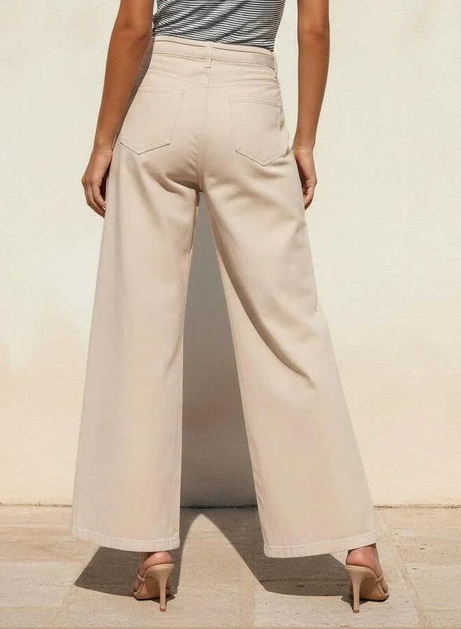Splash FAV BEIGE Wide Leg Mid Rise Jeans with Tie Up Detail for Women | Best Price UAE