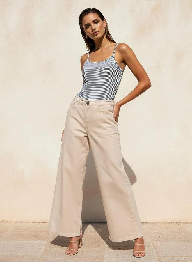 Splash FAV BEIGE Wide Leg Mid Rise Jeans with Tie Up Detail for Women | Best Price UAE
