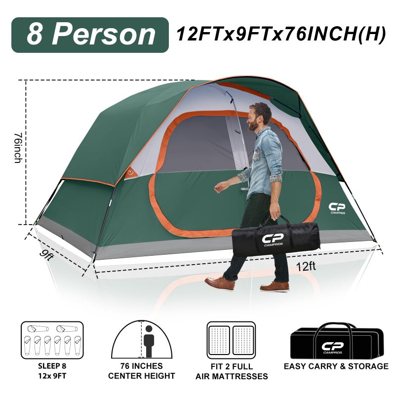 CAMPROS CP Tent 8 Person Camping Tents, Waterproof Windproof Family Dome Tent with Rainfly, Large Mesh Windows, Wider Door, Easy Setup, Portable with Carry Bag (Dark Green) - Image 2