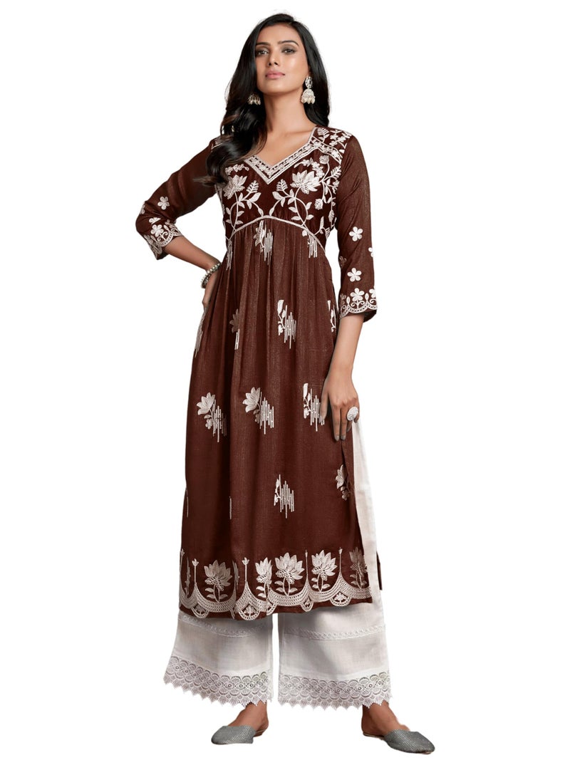 EthnicJunction Women's Silk Blend Chikankari Embroidered Naira Cut Kurta Brown, Regular Fit - Image 1