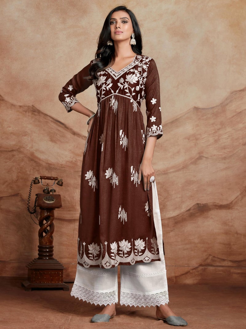 EthnicJunction Women's Silk Blend Chikankari Embroidered Naira Cut Kurta Brown, Regular Fit - Image 3