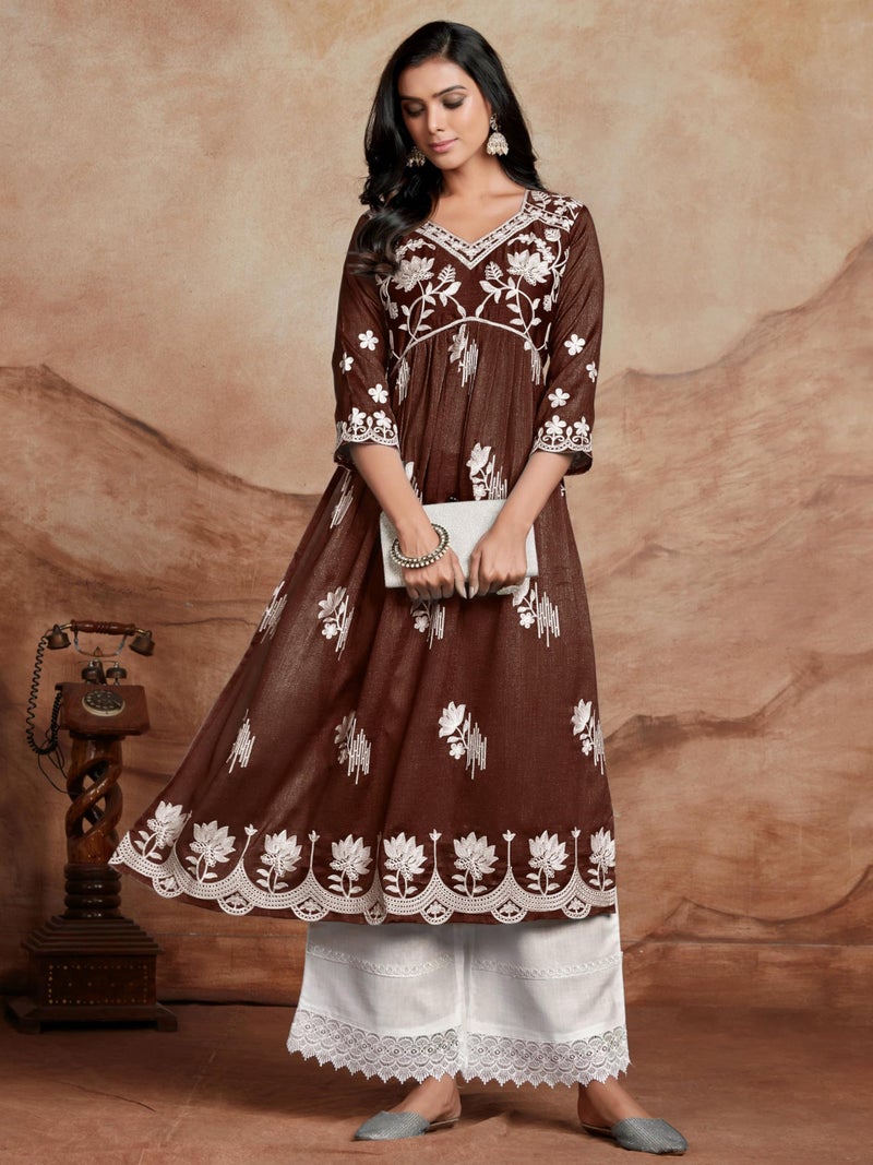 EthnicJunction Women's Silk Blend Chikankari Embroidered Naira Cut Kurta Brown, Regular Fit - Image 5