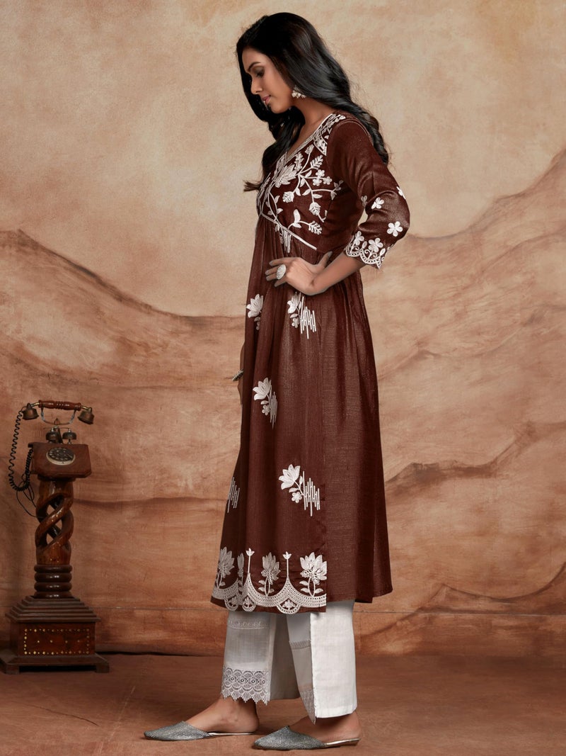 EthnicJunction Women's Silk Blend Chikankari Embroidered Naira Cut Kurta Brown, Regular Fit - Image 4