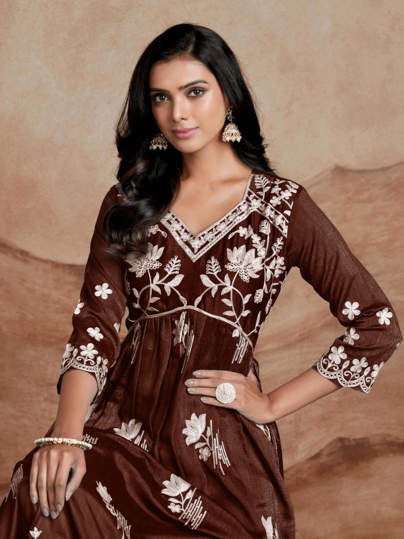 EthnicJunction Women's Silk Blend Chikankari Embroidered Naira Cut Kurta Brown, Regular Fit - Image 2