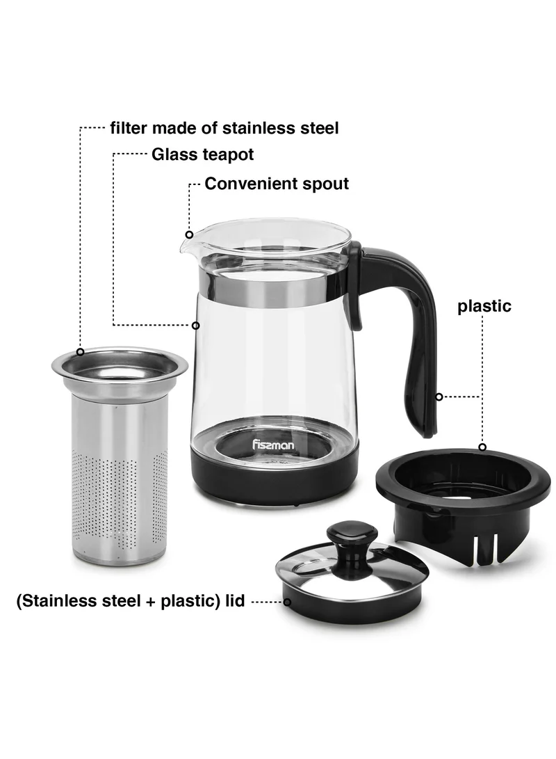 Fissman  Fissman Borosilicate Tea Pot 950ml With Filter Black/Clear/Grey 950ml  | Best Price UAE