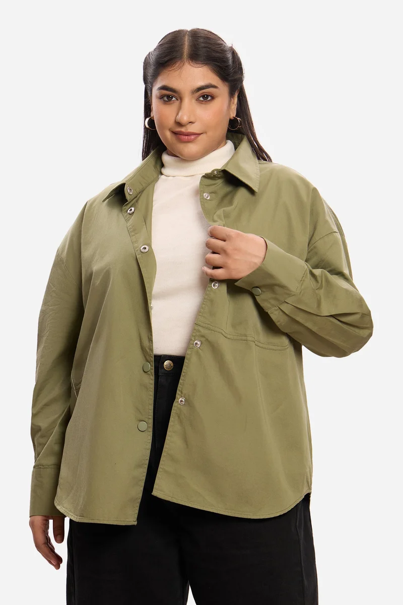 فيرجيو Solid Cotton Washed Utility Plus Size Shirt for Women