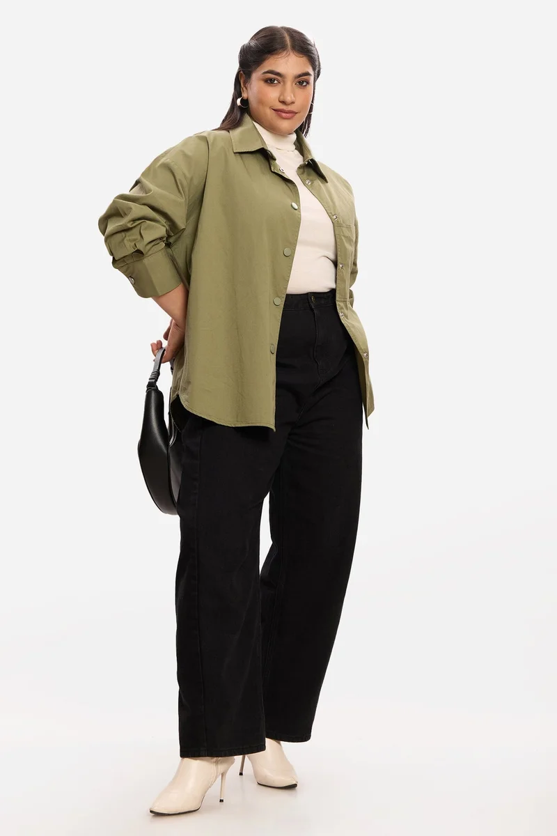 فيرجيو Solid Cotton Washed Utility Plus Size Shirt for Women