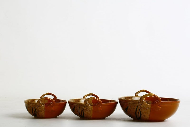 Caffeine Ceramic Handmade Stoneware Mustard Brown Serving kadhai Set of 3 Microwave Dishwasher Safe - Image 4
