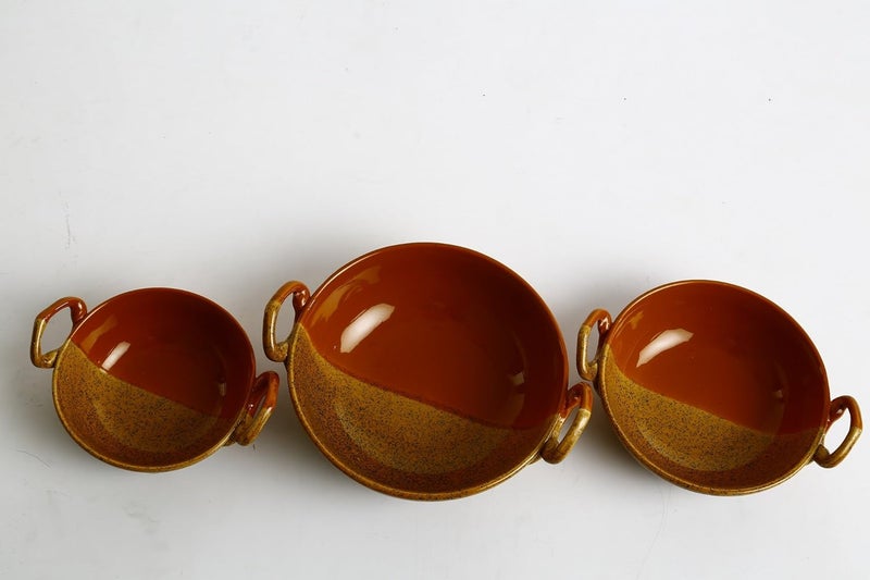 Caffeine Ceramic Handmade Stoneware Mustard Brown Serving kadhai Set of 3 Microwave Dishwasher Safe - Image 5
