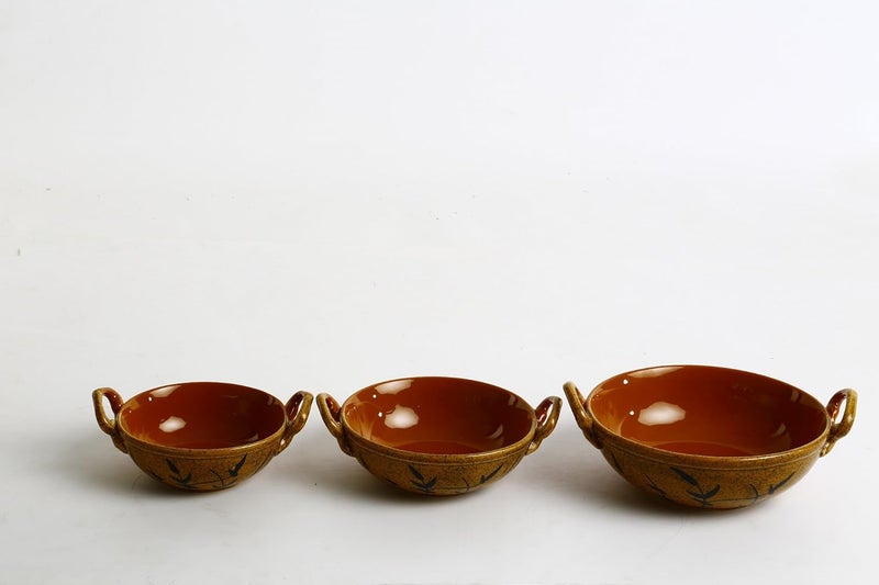 Caffeine Ceramic Handmade Stoneware Mustard Brown Serving kadhai Set of 3 Microwave Dishwasher Safe - Image 2