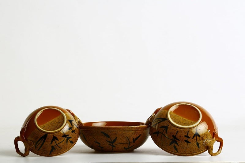 Caffeine Ceramic Handmade Stoneware Mustard Brown Serving kadhai Set of 3 Microwave Dishwasher Safe - Image 3