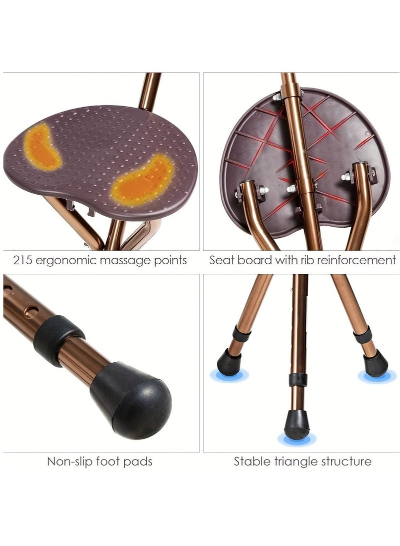 XiuWoo Portable Folding Cane with Handle, Adjustable Height Walking Stick Three-Legged Cane with Seat, Alloy Crutch Chair Anti-Slip Lightweight Walking Stick for Seat for Men and Women, Brown - Image 4