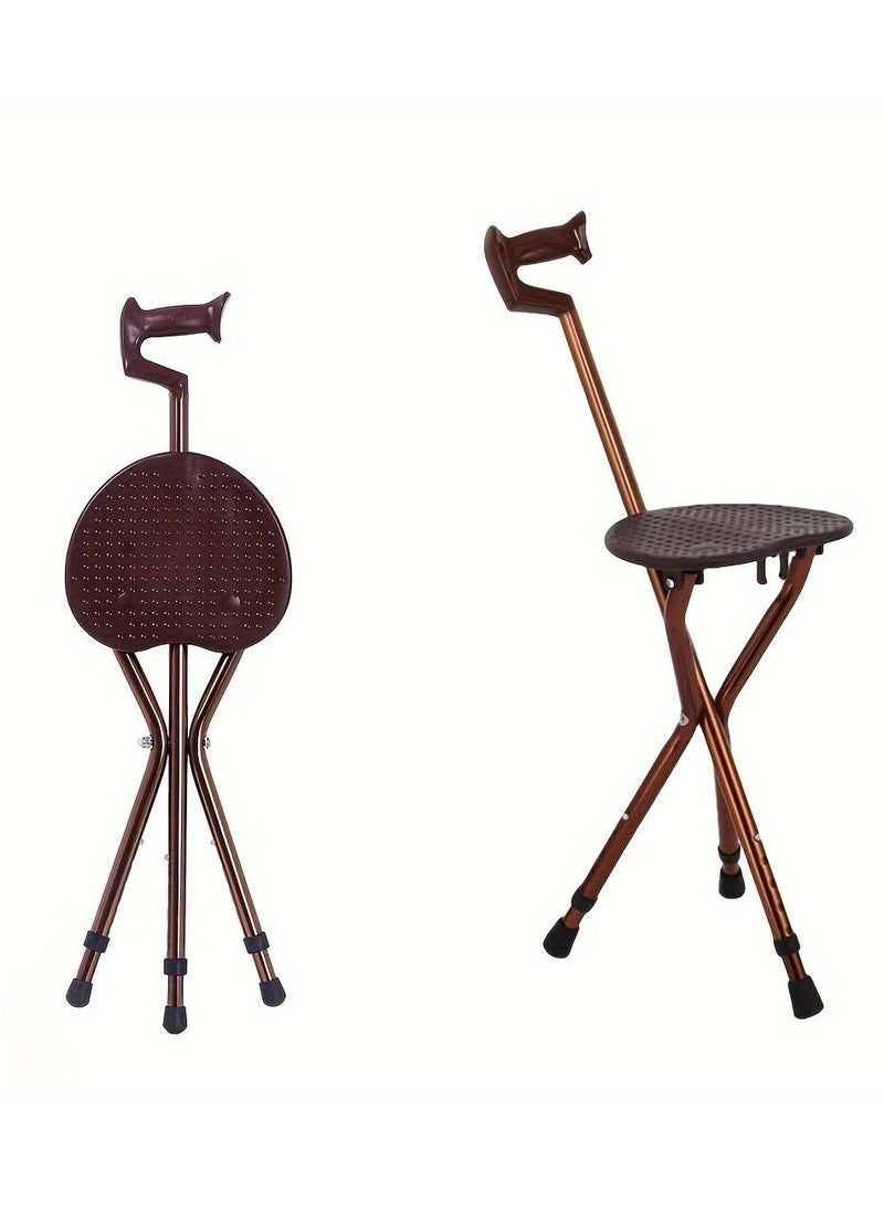 XiuWoo Portable Folding Cane with Handle, Adjustable Height Walking Stick Three-Legged Cane with Seat, Alloy Crutch Chair Anti-Slip Lightweight Walking Stick for Seat for Men and Women, Brown - Image 1