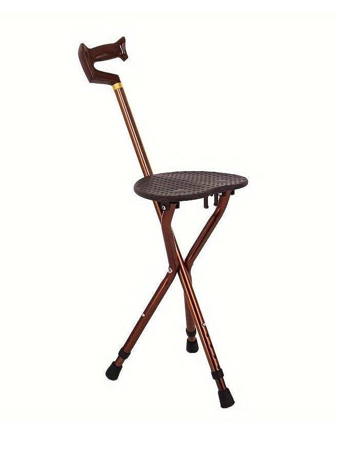 XiuWoo Portable Folding Cane with Handle, Adjustable Height Walking Stick Three-Legged Cane with Seat, Alloy Crutch Chair Anti-Slip Lightweight Walking Stick for Seat for Men and Women, Brown - Image 2