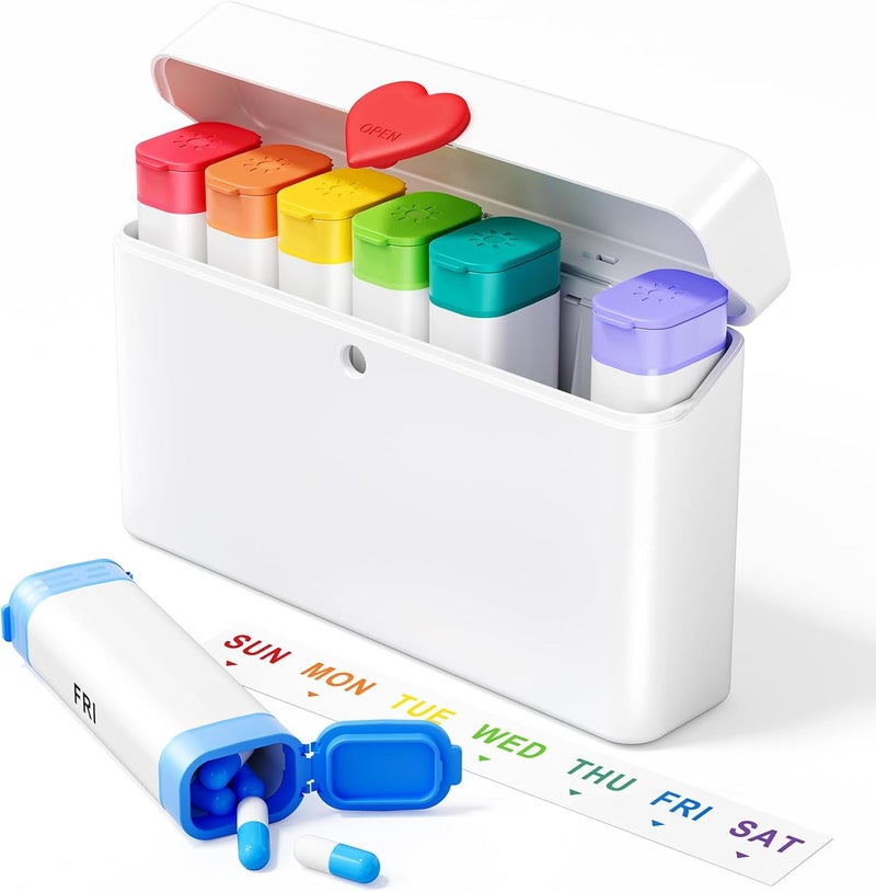 Weekly Pill Organizer 2 Times a Day - Travel Pill Box 7 Day with Heart Decoration, Cute and Portable AM PM Pill Case, Daily Pill Container with Double Protection for Privacy and Medicine Security