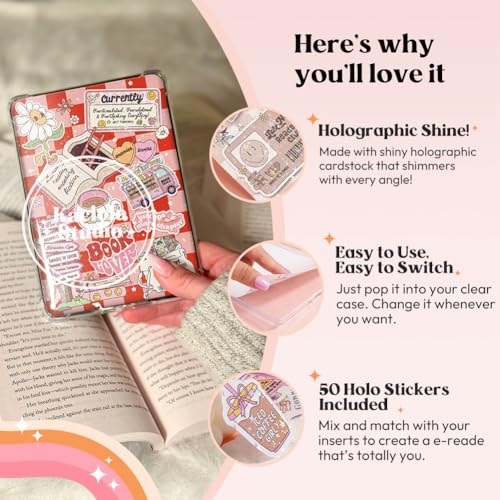 Kaciola 12PCS Inserts Cardstock and 4PCS Charms for E-reader with 50PCS Stickers for Insert, 6.2"x4.3" Bookish Warm Theme Back Cover Accessories for E-Reader Basic, Gifts for Booklovers - Image 4