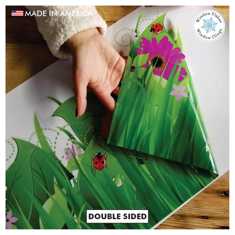 Window Flakes Springtime Flower Window Cling Decal for Glass - Wild Grass, Flowers, Bugs and Insects Design - Large Double Sided Vibrant Color Spring Decoration Window Sticker. Reusable Vinyl. Made in America. - Image 2