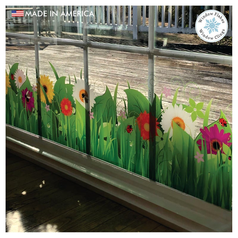 Window Flakes Springtime Flower Window Cling Decal for Glass - Wild Grass, Flowers, Bugs and Insects Design - Large Double Sided Vibrant Color Spring Decoration Window Sticker. Reusable Vinyl. Made in America. - Image 4
