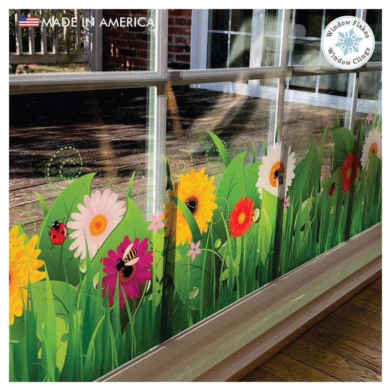 Window Flakes Springtime Flower Window Cling Decal for Glass - Wild Grass, Flowers, Bugs and Insects Design - Large Double Sided Vibrant Color Spring Decoration Window Sticker. Reusable Vinyl. Made in America. - Image 1