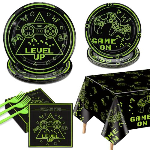 PTECDROTS Video Game Party Decorations 81Pcs Green Gaming Birthday Decorations Includes Game On Plates Napkins Tablecloth for Boys Level Up Birthday Decorations Game On Party Supplies Serve 20 - Image 1