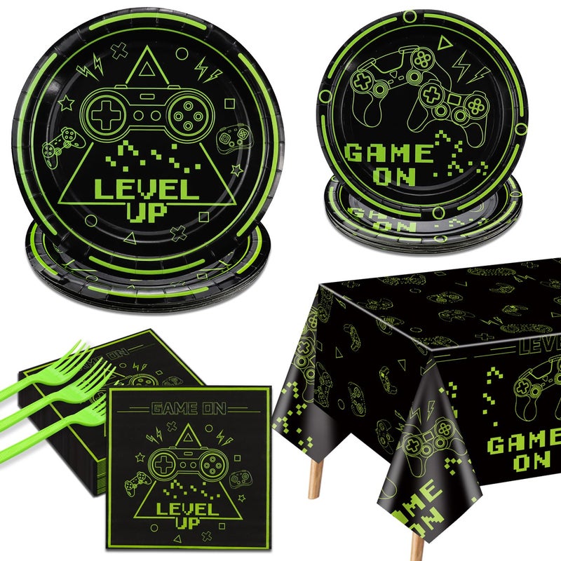 PTECDROTS Video Game Party Decorations 81Pcs Green Gaming Birthday Decorations Includes Game On Plates Napkins Tablecloth for Boys Level Up Birthday Decorations Game On Party Supplies Serve 20 - Image 3