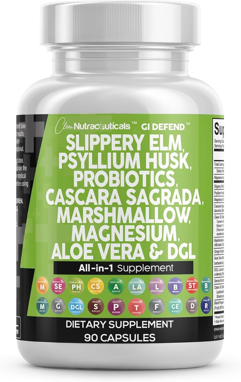 Clean Nutraceuticals Slippery Elm Psyllium Husk Pre Probiotic Digestive Gut Health Supplement with Aloe Vera Cascara Sagrada Marshmallow Root DGL Licorice Senna Extract - Image 1