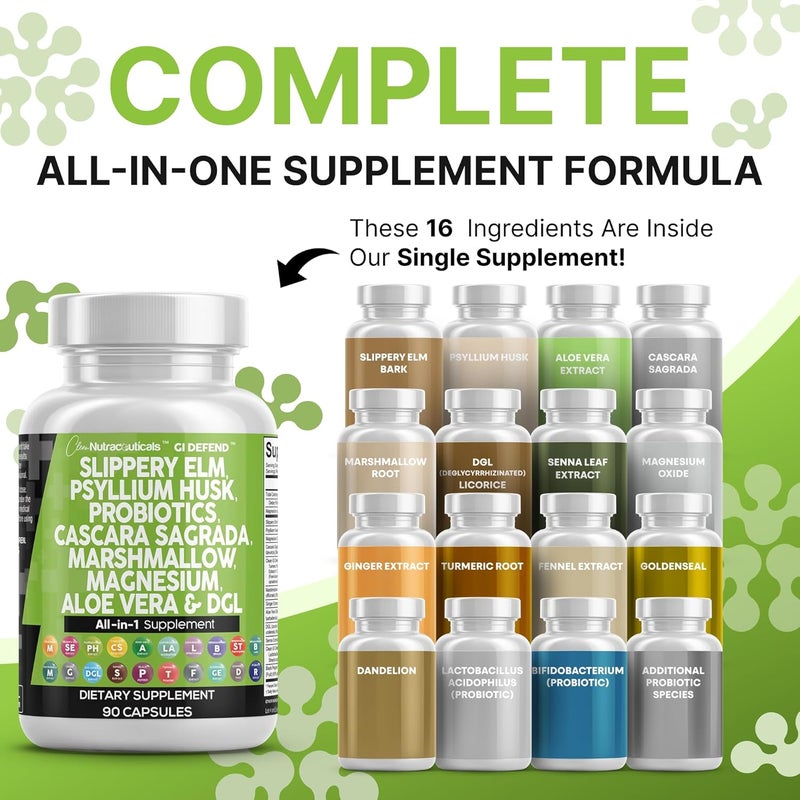 Clean Nutraceuticals Slippery Elm Psyllium Husk Pre Probiotic Digestive Gut Health Supplement with Aloe Vera Cascara Sagrada Marshmallow Root DGL Licorice Senna Extract - Image 2