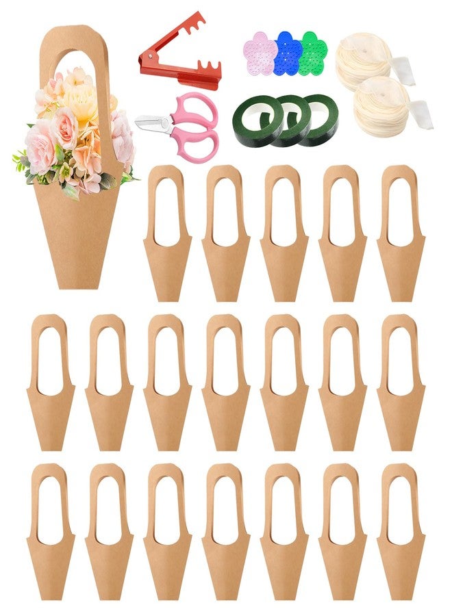 HDFCLUP 50 pc Kraft Paper Flower Bags with Handles Cones & Brown Bouquets - Shears, Thorn Remover, Floral Tape & Lace Ribbon (13.78Inches) - Image 1