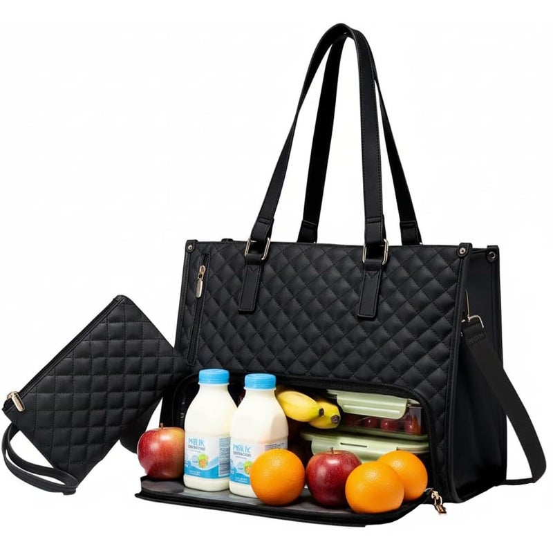 Hqyib Lunch Tote Bag for Women 17.3 Inch Laptop Bag with Insulated Lunch Compartment Leather, Quilted Computer Tote, Quilted Work Bag for Office, Teacher, Commuter (Black) - Image 1