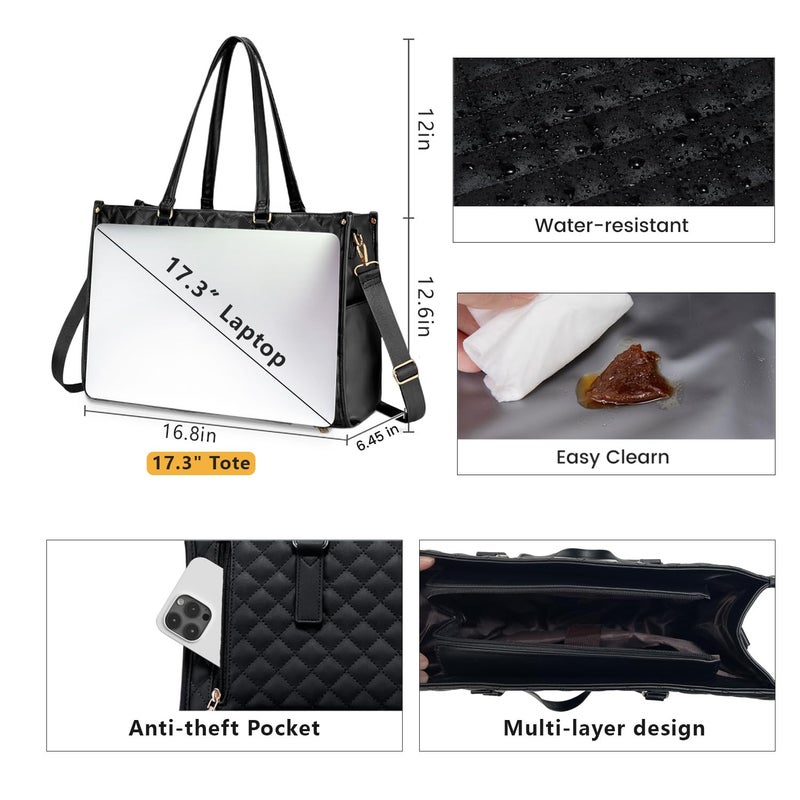 Hqyib Lunch Tote Bag for Women 17.3 Inch Laptop Bag with Insulated Lunch Compartment Leather, Quilted Computer Tote, Quilted Work Bag for Office, Teacher, Commuter (Black) - Image 2