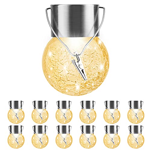 PARTPHONER Solar Outdoor Lights Decorative 12 Pack, Hanging Solar Garden Lights Waterproof, Solar Powered Globe Cracked Glass Ball Lantern for Yard Patio Fence Tree Umbrella Holiday Decoration, Warm White - Image 1