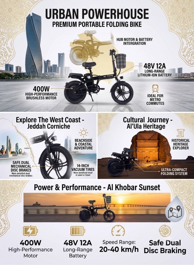 Premium Portable Electric Folding Bike – 400W Brushless Motor, 48V 12A Long-Range Battery, Dual Mechanical Disc Brakes, 14-Inch Vacuum Tires - Image 4