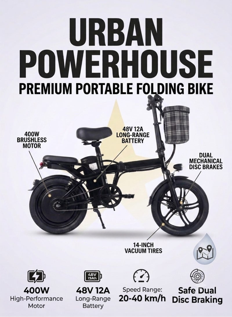 Premium Portable Electric Folding Bike – 400W Brushless Motor, 48V 12A Long-Range Battery, Dual Mechanical Disc Brakes, 14-Inch Vacuum Tires - Image 1